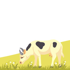 vector drawing white cow, green hill and spring flowers, hand drawn illustration