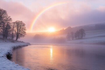 Misty sunrise paints a serene winter landscape with a pastel rainbow over a calm river.