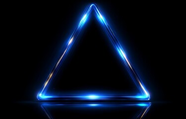 Against a dark backdrop, a blue neon triangle shines with a visible reflection
