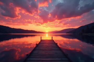 Obraz premium Lonely dock at sunset, lake reflects fiery sky , orange, horizon