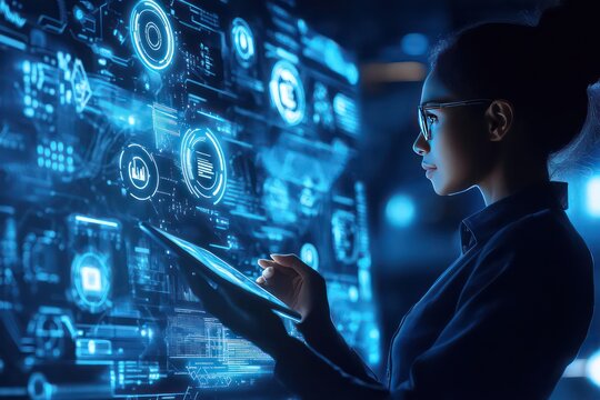 A cinematic image of a tech entrepreneur holding a tablet, surrounded by futuristic blue digital interfaces and innovation icons.