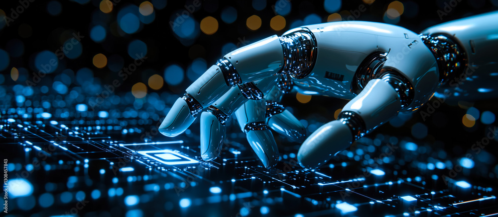 Poster a robot hand points towards a holographic display showcasing cyber security symbols. the intersectio