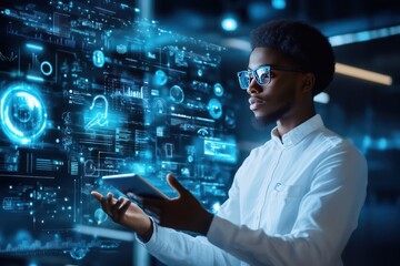 A cinematic image of a tech entrepreneur holding a tablet, surrounded by futuristic blue digital interfaces and innovation icons.