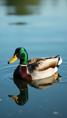 Fototapeta premium Mallard duck paddling gracefully on calm lake surface, pond, swimming duck