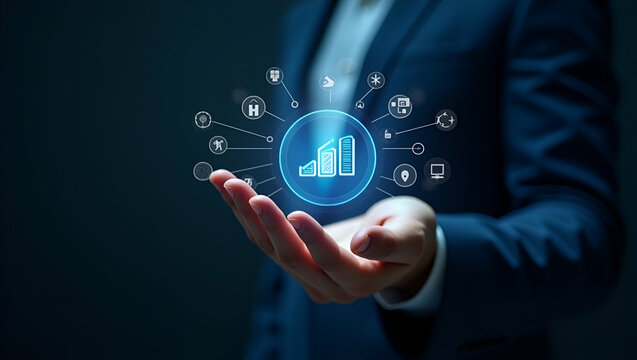 Hand Holding Holographic Customization Icon: Low Code Automation Flexibility in Minimalist Space