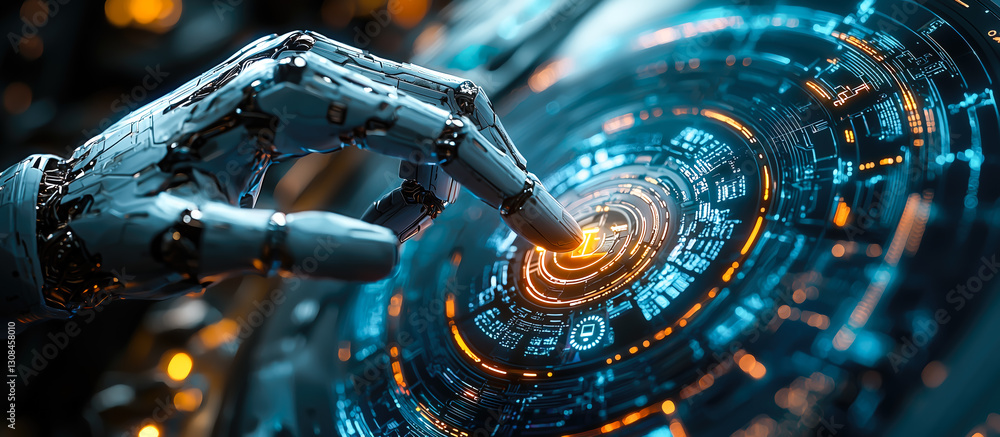 Poster a robot hand points towards a holographic display showcasing cyber security symbols. the intersectio