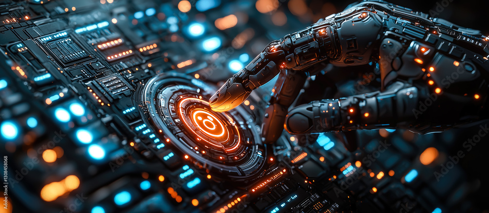 Poster a robot hand points towards a holographic display showcasing cyber security symbols. the intersectio