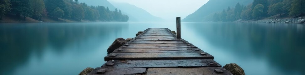 Misty river, aged wooden pier, stone base Long exposure , dawn, blue, calm