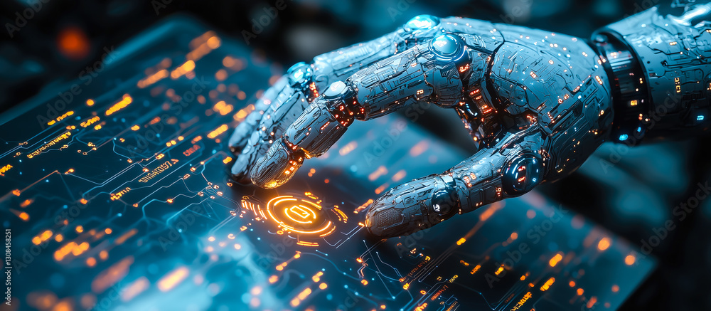 Poster a robot hand points towards a holographic display showcasing cyber security symbols. the intersectio
