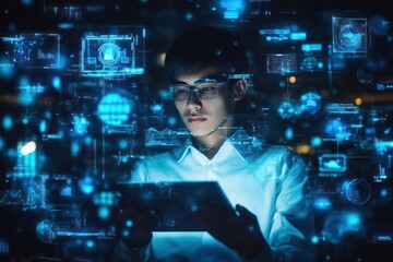 A cinematic image of a tech entrepreneur holding a tablet, surrounded by futuristic blue digital interfaces and innovation icons.