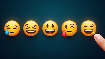 Digital Feedback System: Emojis from Sad to Happy with Finger Selecting Happy - Visualize Emotional Feedback in Stock Photo Concept with Space for Customization
