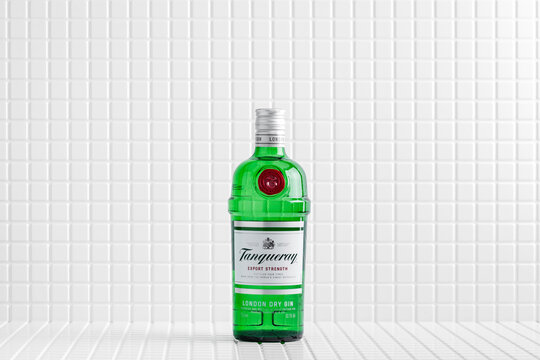 Minsk, Belarus - 05-03-2025: a bottle of Tanqueray export strenght London dry gin