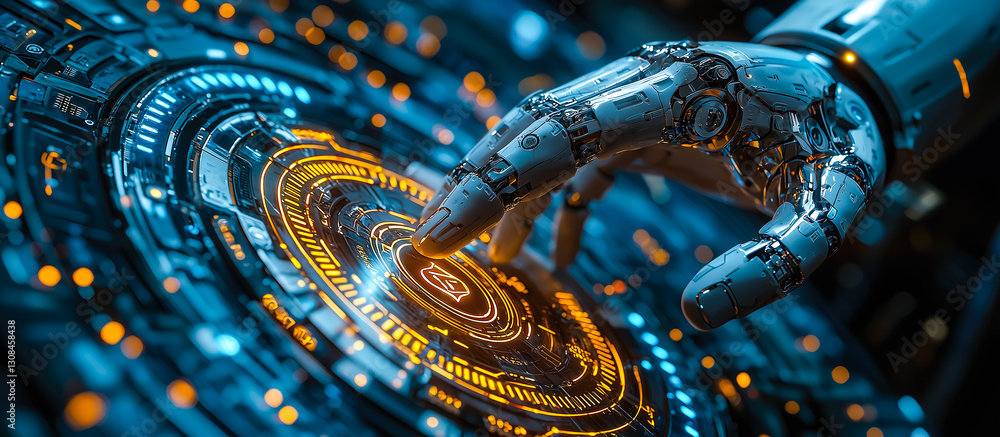 Poster a robot hand points towards a holographic display showcasing cyber security symbols. the intersectio