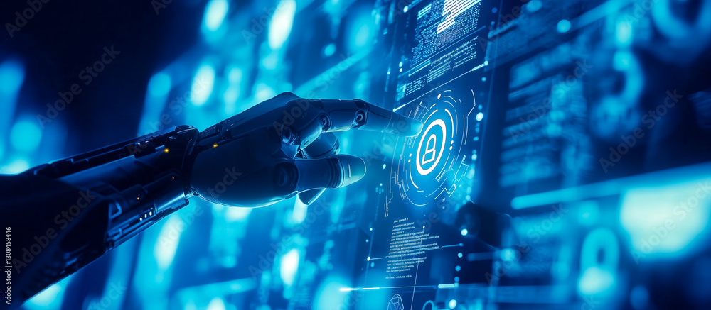 Poster a robot hand points towards a holographic display showcasing cyber security symbols. the intersectio