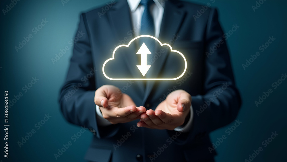 Poster flat cloud technology: a business professional's guide to managing data with glowing cloud icons and