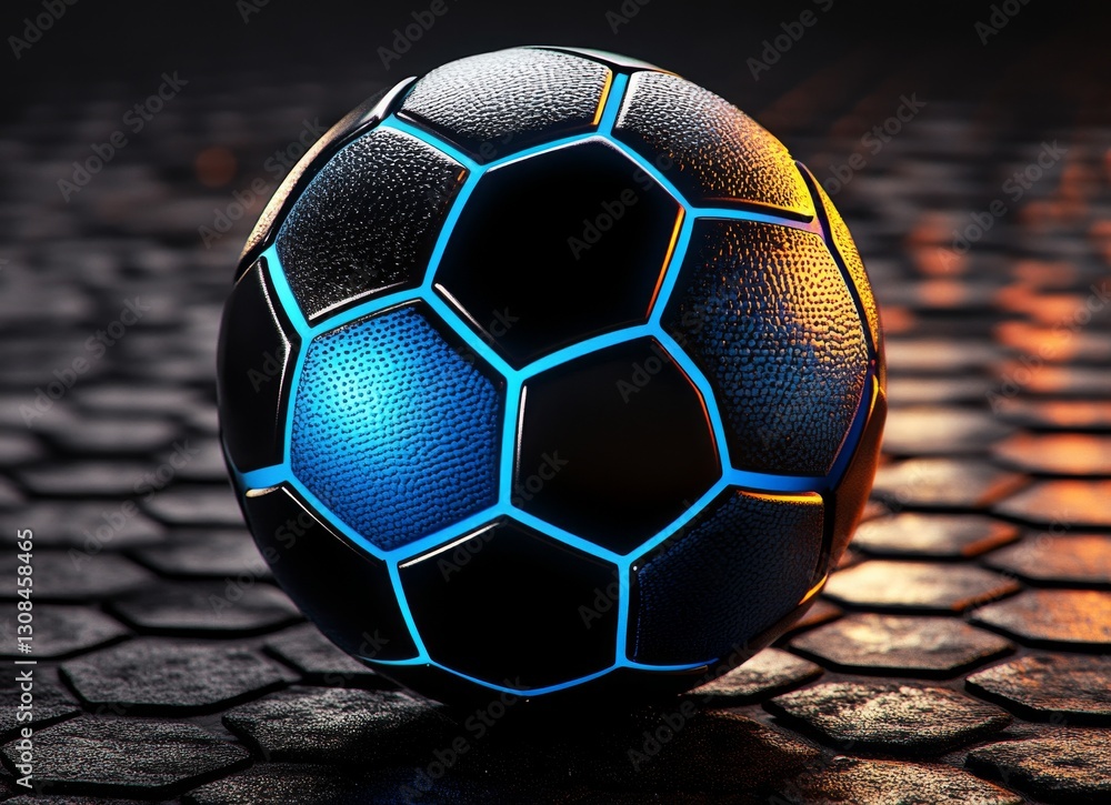 Poster surrounded by hexagonal motifs, a shining sphere with a network of lines stands out in a blue and bl