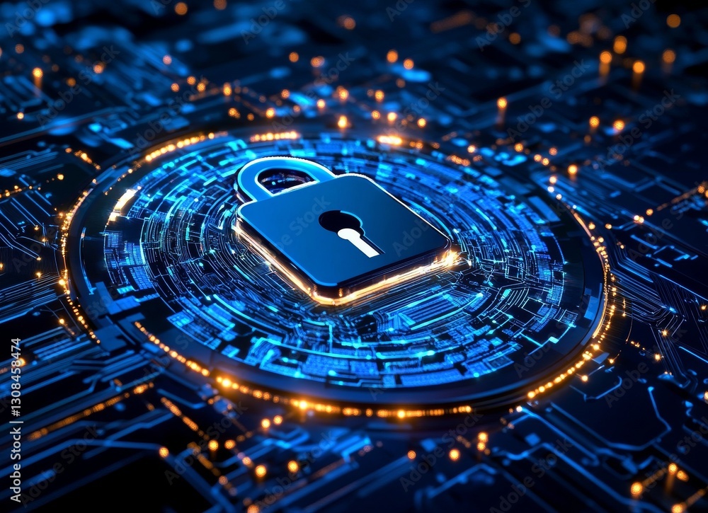 Poster in the middle of a circular tech interface, a luminous blue digital lock glows with energy, symboliz