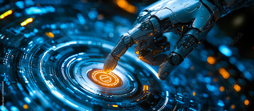Poster a robot hand points towards a holographic display showcasing cyber security symbols. the intersectio