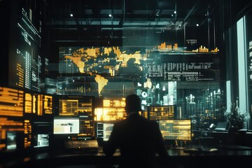 Fototapeta premium A cinematic shot of a trading floor with stock charts and market analytics projected in augmented reality.