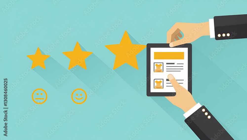 Poster engaging customer feedback collection: star ratings and smiley faces illustrated with a hand holding
