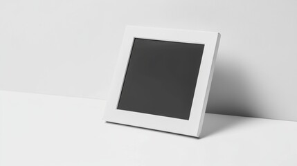 An empty instant photo frame standing upright, with a slight shadow cast on a white surface, Isolated on white background