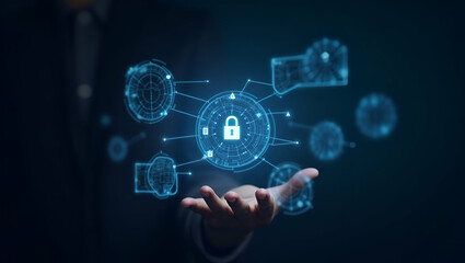 Flat Floating holographic interface for secure login credentials representing user authentication concept as A floating holographic interface displaying secure login credentials symbolizing robust use