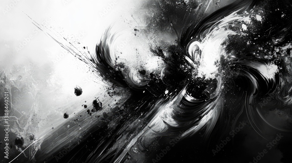 Poster a textured black-and-white abstract design with bold brushwork and intricate details blending light 