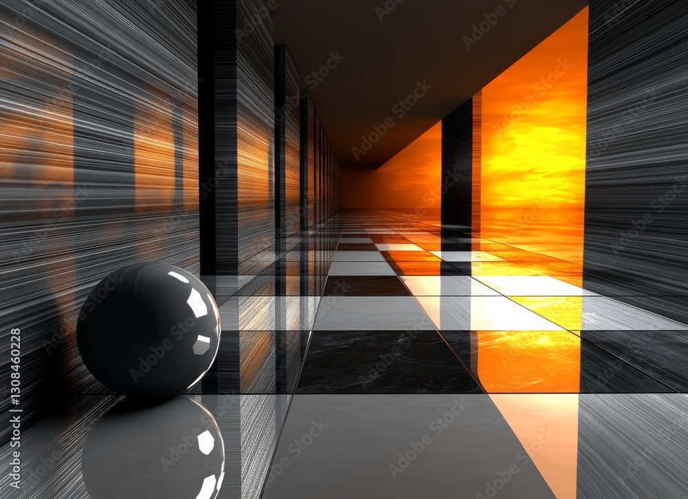Poster a spotlight-illuminated 3d abstract of interwoven cubes and spheres, suggesting technological innova