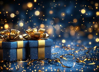 On a dark blue surface, a stack of navy blue gifts tied with gold ribbons is illuminated by warm bokeh lights, with sparkling gold dust scattered around the base. It's a festive, luxurious setting