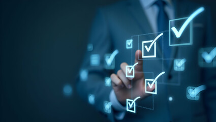 Interactive Task Management: Flat Floating Holographic Checkmarks Completing Checklists in a Cute Vector Illustration for Smart Business Solutions