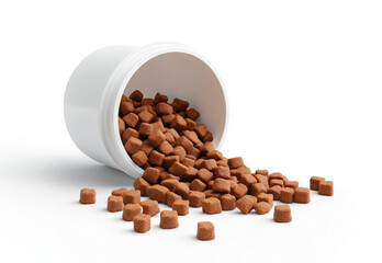 White plastic pot with cubes of brown dry dog food of loose structure pouring out of it, isolated on white background