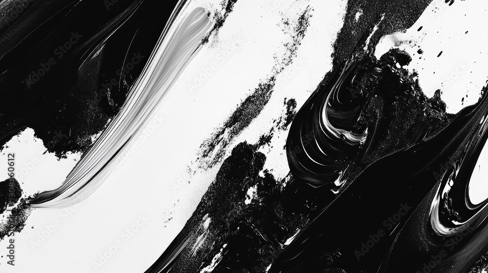 Poster a textured black-and-white abstract design with bold brushwork and intricate details blending light 