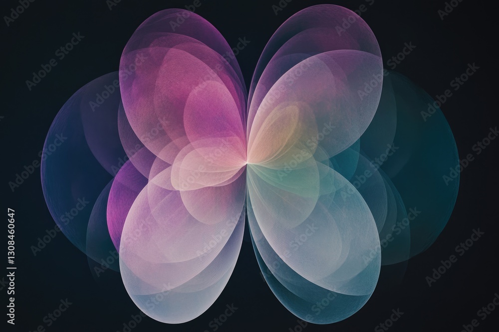 Poster abstract art depicting overlapping translucent ovals, creating a butterfly-like form with pastel col