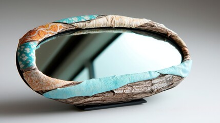Unique Oval Mirror with Natural Wood and Colorful Fabric Decoration