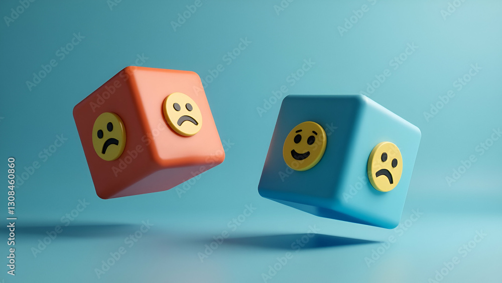 Aufkleber floating cubes displaying happy and sad emoticons to represent customer sentiment and feedback analy
