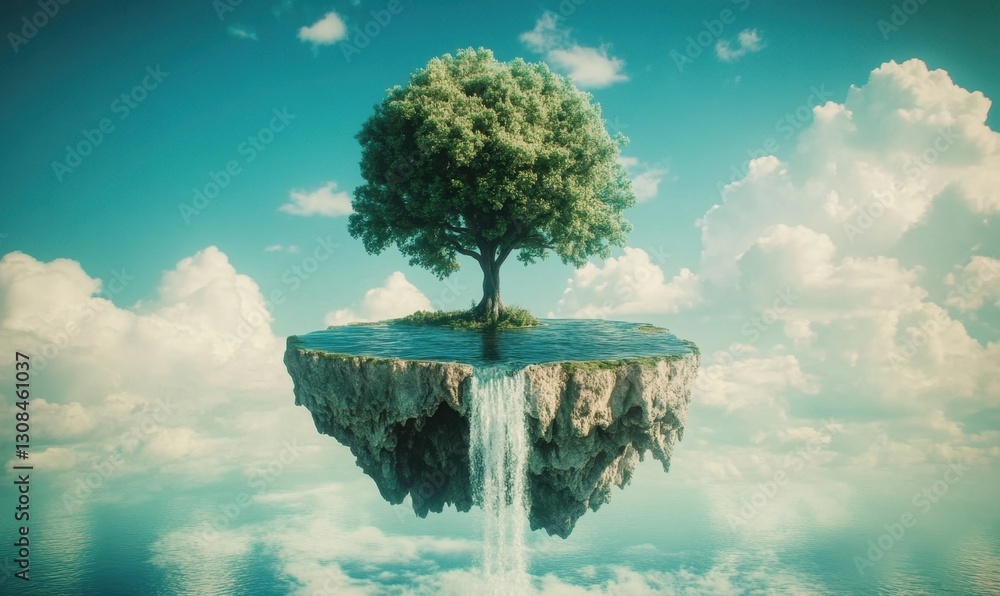 Poster floating island with tree and waterfall in cloudy sky, ideal for fantasy concepts
