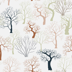 Obraz premium vector drawing seamless pattern with silhouettes of winter trees and shrubs without foliage, natural background, hand drawn illustration