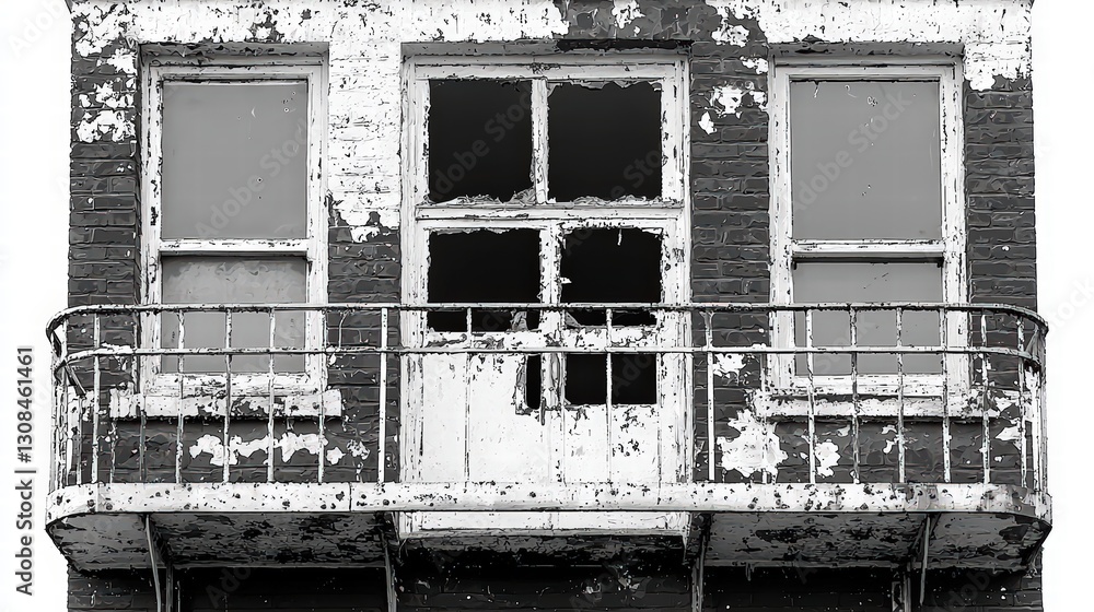 Poster old building with broken window showcasing architectural decay and unique character in urban setting