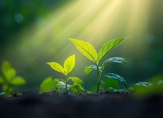 Obraz premium A bright young sprout pushes up through nutrient-rich earth, basking in the gentle warmth of the morning sun. The setting exudes hope and calm, signifying new opportunities and progress