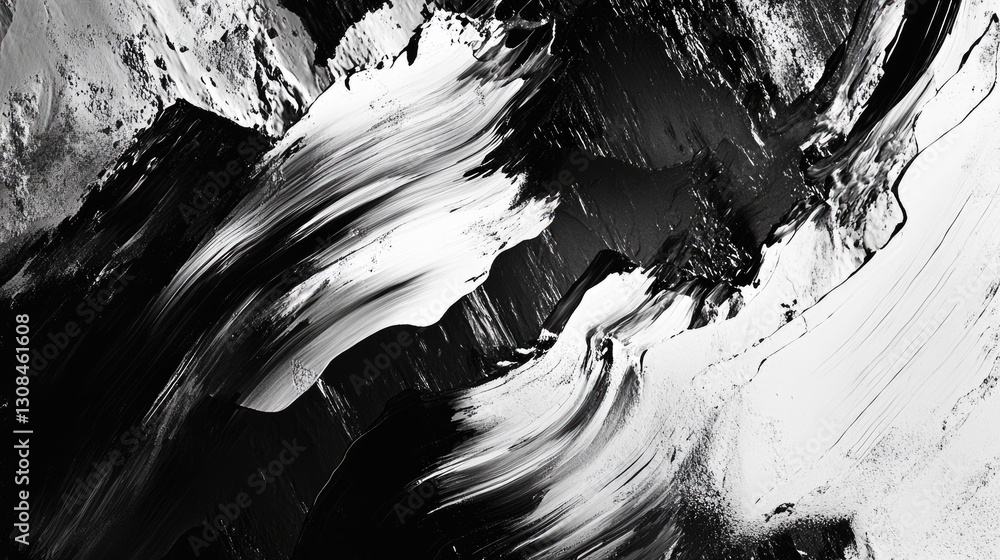 Poster a bold abstract composition in black and white, featuring layered textures and dynamic strokes that 