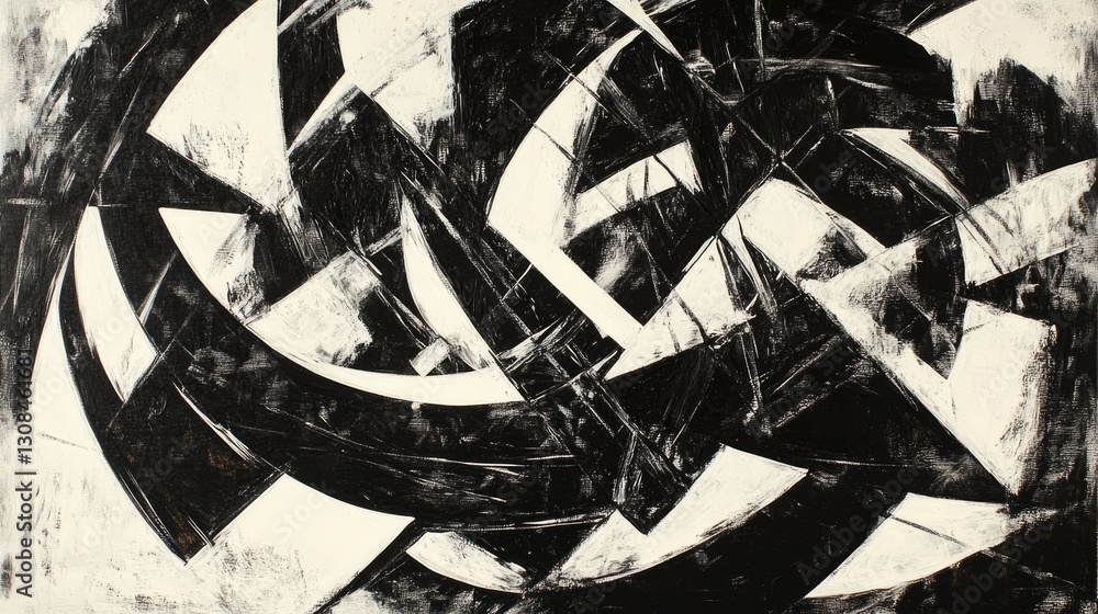 Poster a black-and-white abstract artwork with dynamic lines and rough textures, blending bold strokes into