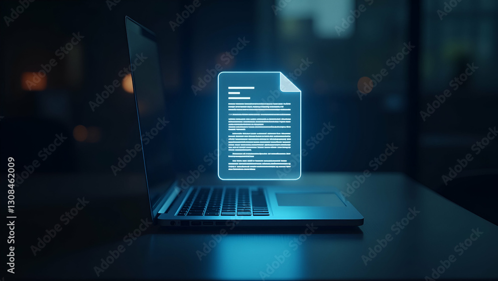 Poster flat holographic document glowing above a laptop keyboard representing terms and conditions in a dig