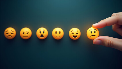 Row of emojis from sad to happy with a finger selecting Happy representing emotional feedback icons in a digital feedback system concept as Digital feedback system featuring a row of emojis ranging fr