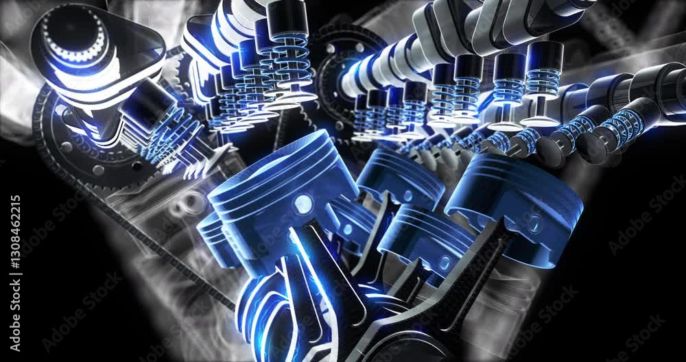 Poster Camera Zooms on Transparent Hood Revealing Spark Plug Ignitions and Pistons. Industry And Technology Related 3D Animation.