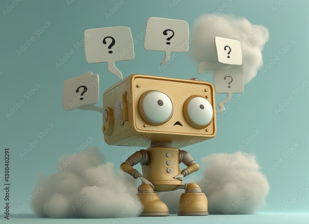 Fototapete on a small bench, a delightful robot sits, surrounded by question marks in speech bubbles, reflectin