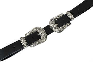 Black western cowboy belt with silver buckle isolated on white background.