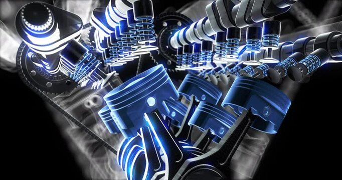 Camera Zooms on Transparent Hood Revealing Spark Plug Ignitions and Pistons. Industry And Technology Related 3D Animation.