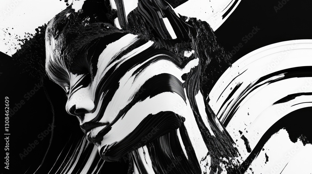 Poster a bold abstract composition with sharp contrasts, intricate textures, and sweeping black-and-white s