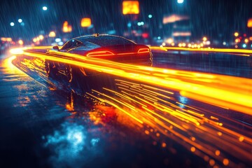 Obraz premium A sleek black sports car speeds through a rainy city at night, leaving trails of vibrant light.