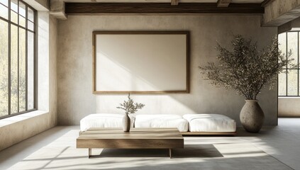 Minimalist, zen-like living room with large blank canvas, beige and white color scheme.